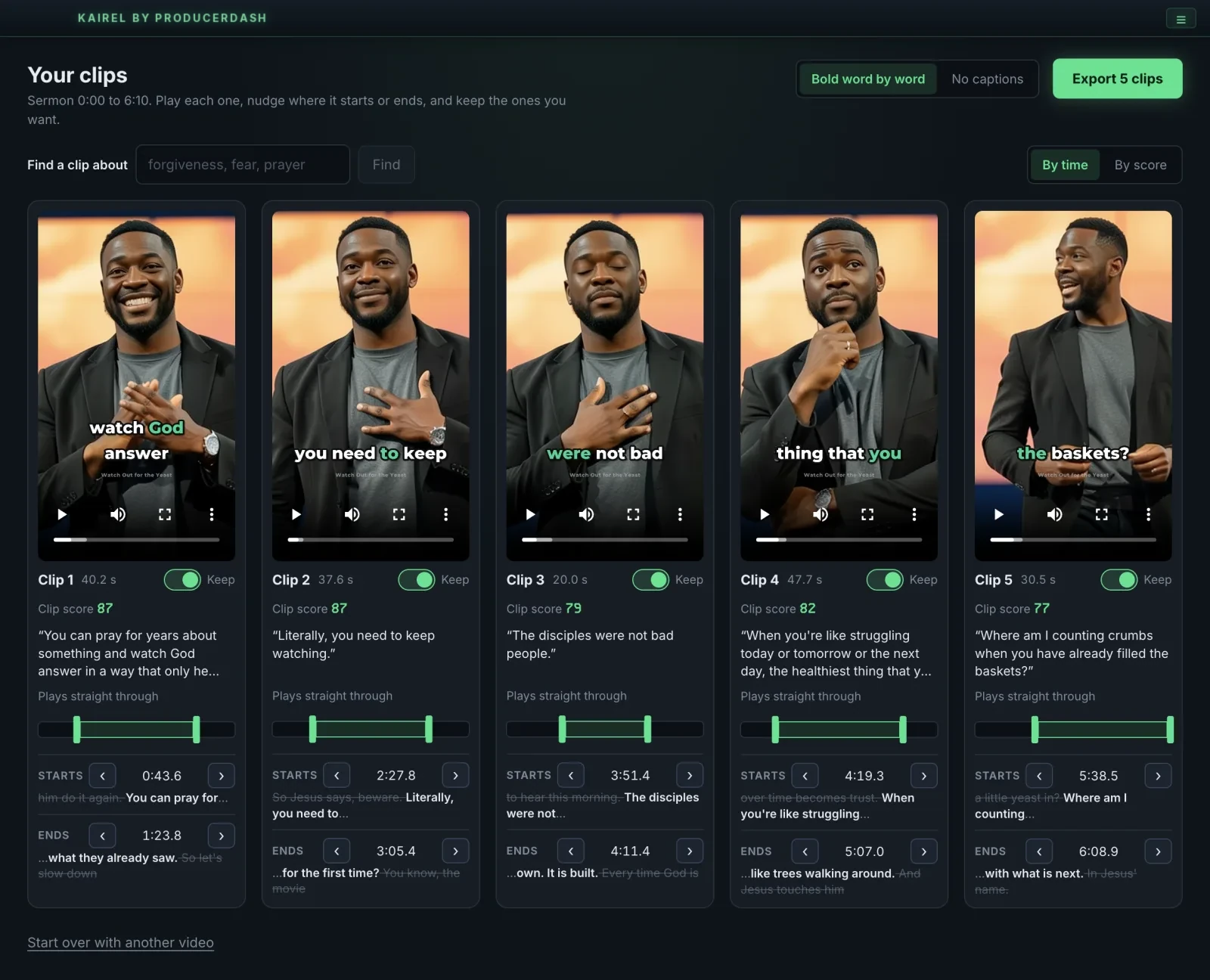 Five clips, ready to review